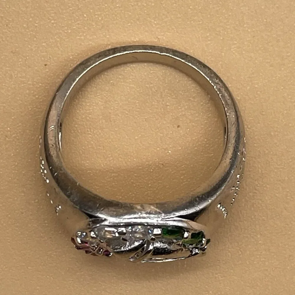 Horseshoe Ring Sterling Silver .925 Men’s Size 8 Red Ruby White Green Glass